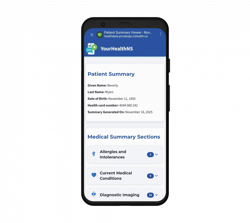 Mobile phone showing patient summary information in YourHealthNS app
