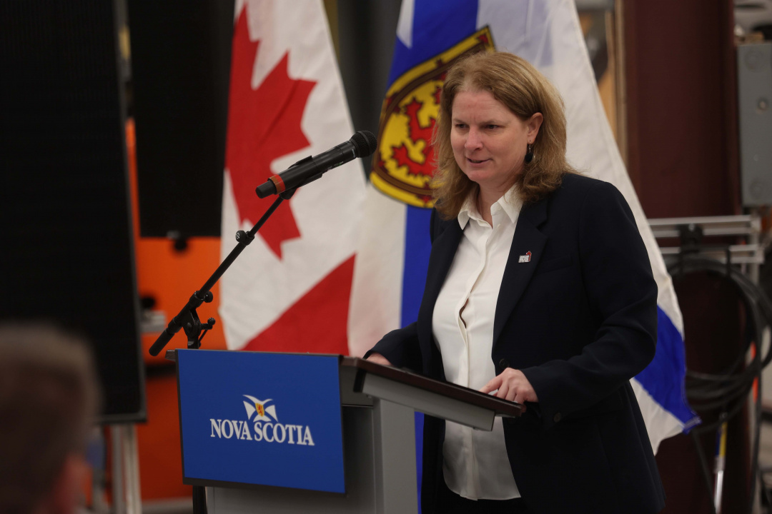 Alison Carey, Executive Director, Mainland Building Trades Council, at a podium
