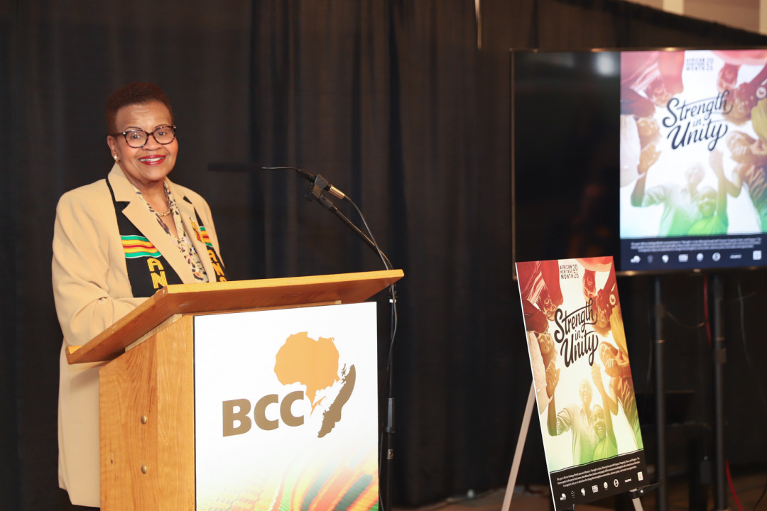 African Nova Scotian Affairs Minister Twila Grosse at a podium