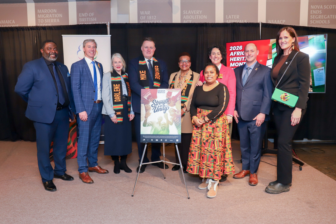 Premier Tim Houston, African Nova Scotia Affairs Minister Twila Grosse and other pose for a photo at the launch of African Heritage Month 2026