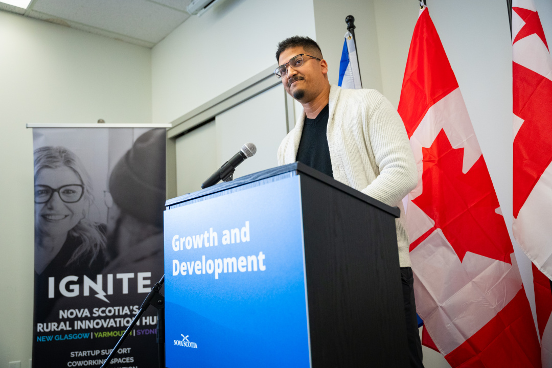 Dilan Jaunky of Sevo Bioscience, speaks during the grand opening of the new Cape Breton Business Innovation Centre 