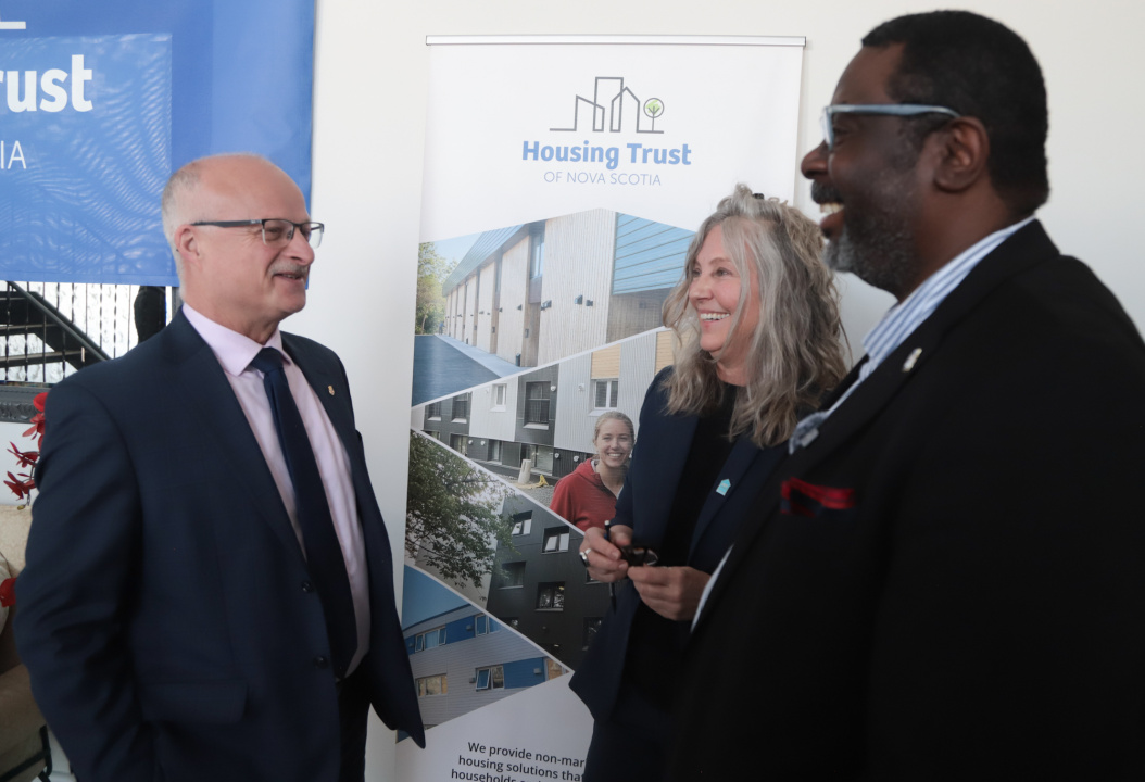 Housing Minister John White, Angela Bishop, Executive Director of the Housing Trust of Nova Scotia and Claytone Park West MLA Adegoke Fadare