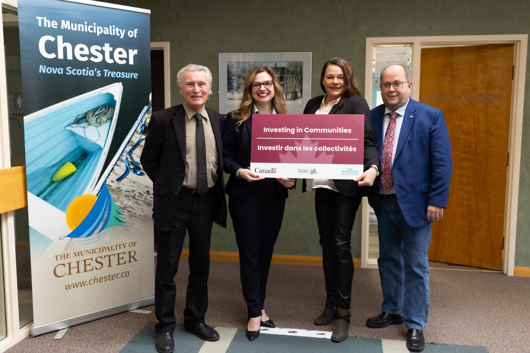 From left, Allen Webber, Warden, Municipality of the District of Chester; Jessica Fancy, Member of Parliament for South Shore-St. Margarets; Danielle Barkhouse, MLA for Chester-St. Margarets; and Minister of Municipal Affairs John A. MacDonald.