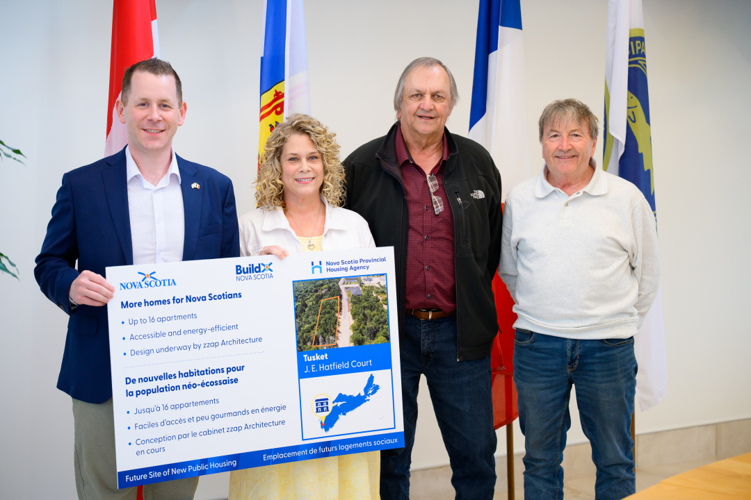 Growth and Development Minister Colton LeBlanc, Argyle Municipal Warden Nicole Albright, Deputy Warden Ted Saulnier and Councillor Malcolm Madden at the announcement.