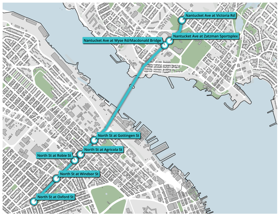 Map of Halifax-Dartmouth close to Macdonald Bridge with some intersections highlighted