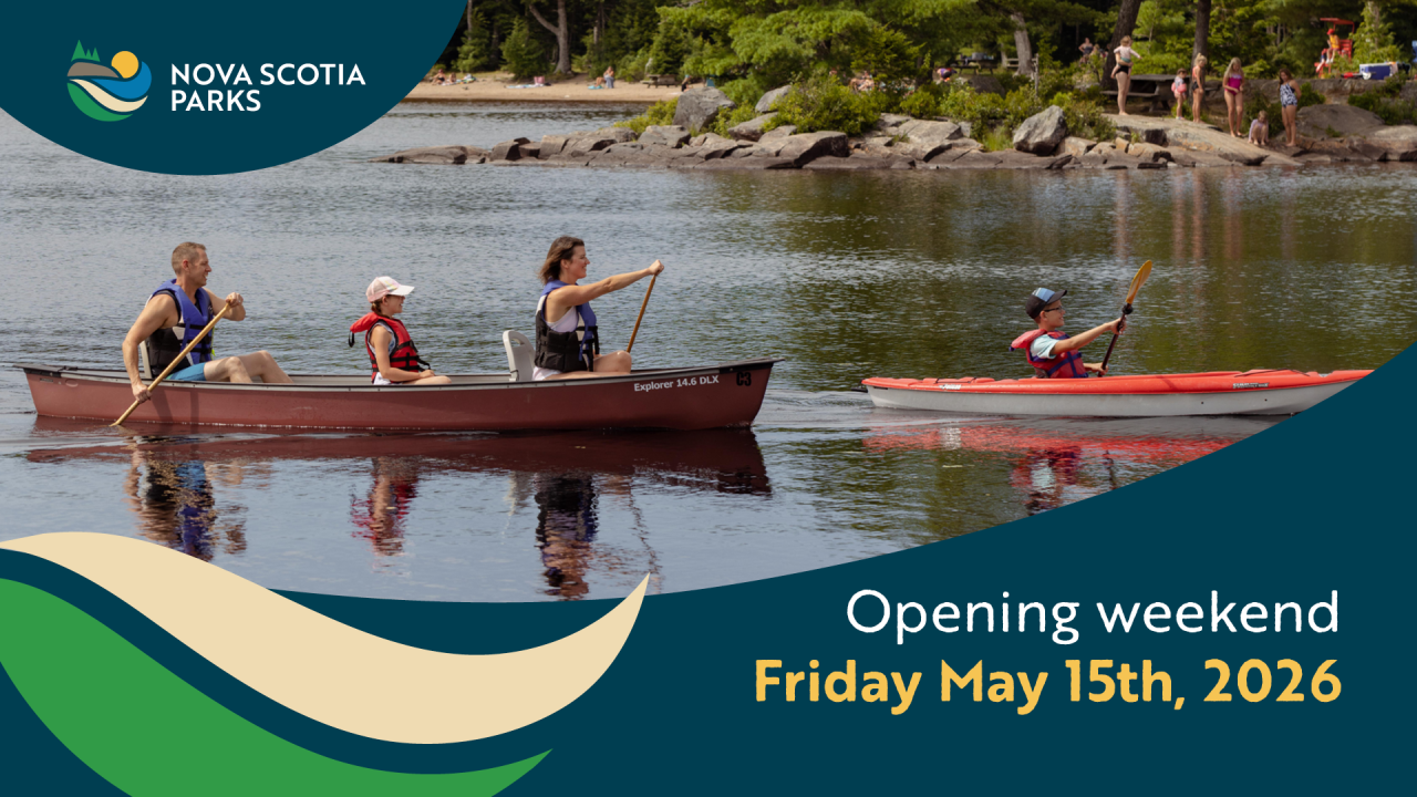 Graphic design with photo of people in canoes that says parks' opening weekend is Friday, May 15