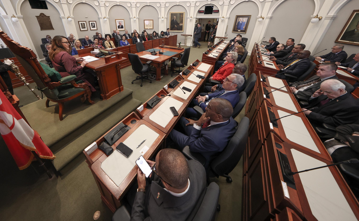 House Speaker Danielle Barkhouse welcomes the delegation to Province House in the Legislative Chamber. 