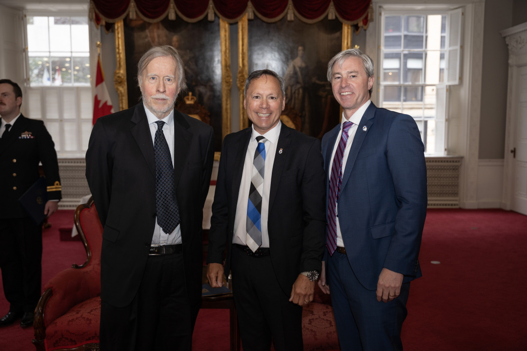 Justice Joel Fichaud, Advanced Education Minister Brian Wong and Premier Tim Houston