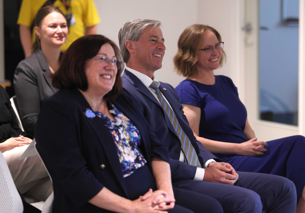 Premier Tim Houston and Opportunities and Social Development Minister Susan Corkum-Greek (left) with Lora Church, Executive Director, Nova Scotia Community Living Organizations.