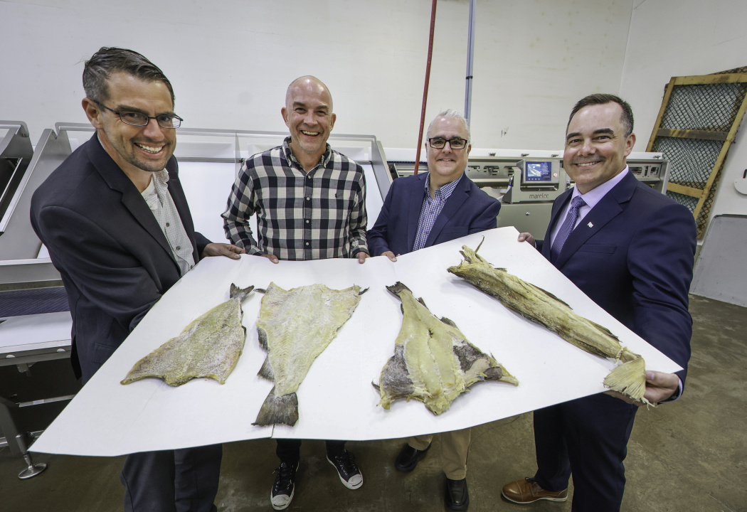 From left, Kris Vascotto, Executive Director, Nova Scotia Seafood Alliance; Kerry Cunningham, sales/procurement, Sea Star Seafoods; Jeff Bishop, Executive Director, Aquaculture Association Of Nova Scotia; Kent Smith, Minister of Fisheries and Aquaculture, show salt fish samples. 