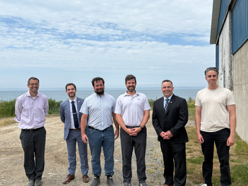 From left, Kris Vascotto, Executive Director, Nova Scotia Seafood Alliance; Ryan Robicheau, MLA for Clare; Alain d'Entremont and Nick D'Eon of Innovative Fishery Products; Fisheries and Aquaculture Minister Kent Smith; and Geoffrey Jobert, owner of Lobster Hub Inc.