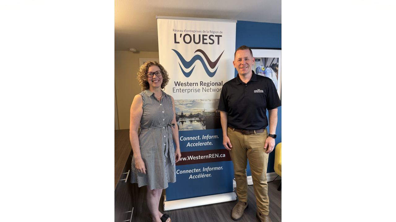 Colton LeBlanc, Minister of Growth and Development, with Angélique Doucet, CEO, Western Regional Enterprise Network