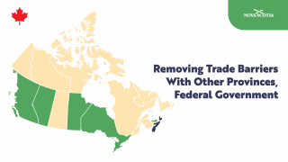 Map pf Canada with some provinces coloured green and the text removing trade barriers with other provinces, federal government