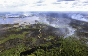 An aerial overview of the fire near Paradise Lake