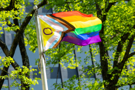 The Progress Pride flag flies at Province House.