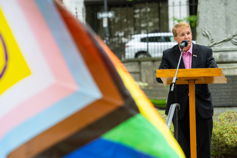 Attorney General and Justice Minister Scott Armstrong, Minister responsible for the Office of Equity and Anti-Racism at the Pride flag raising 