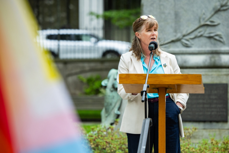 Tracey Barbrick, Deputy Minister champion for the Pride Nova Scotia Government Employee Network, speaks at the Pride flag raising 