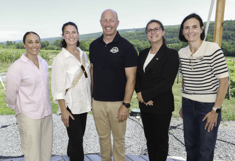 Geena Luckett, Vice-President, Wine Growers Association of Nova Scotia; Poet Comeau, President Nova Scotia Cider Association; Andrew Tanner, President, Craft Brewers of Nova Scotia; Julie Vanexan, MLA Kings South; Ashley McConnell-Gordon, Co-owner of Benjamin Bridge