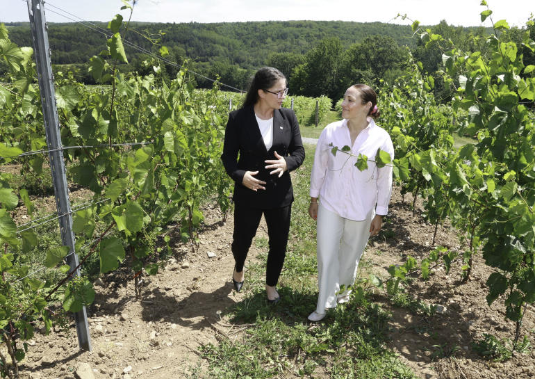 Kings South MLA Julie Vanexan and Geena Luckett walking in a vineyard