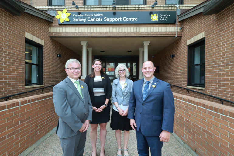 From left, Damian Stoilov, MLA for Bedford South; Heather Mulligan, Senior Manager of Advocacy for Atlantic Canada and Strategic Initiatives, Canadian Cancer Society; Debbie Nielson, Program Manager, Sustainable Communities Challenge Fund, Nova Scotia Federation of Municipalities; and Timothy Halman, Minister of Environment and Climate Change.