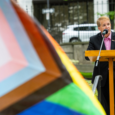 Attorney General and Justice Minister Scott Armstrong, Minister responsible for the Office of Equity and Anti-Racism at the Pride flag raising 