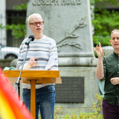Steve Roy, co-Chair of the Pride Nova Scotia Government Employee Network speaks at the flag raising