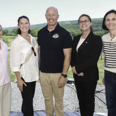 Geena Luckett, Vice-President, Wine Growers Association of Nova Scotia; Poet Comeau, President Nova Scotia Cider Association; Andrew Tanner, President, Craft Brewers of Nova Scotia; Julie Vanexan, MLA Kings South; Ashley McConnell-Gordon, Co-owner of Benjamin Bridge