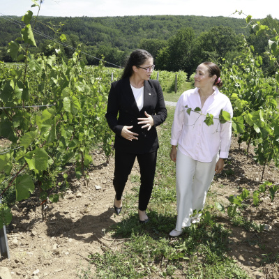 Kings South MLA Julie Vanexan and Geena Luckett walking in a vineyard